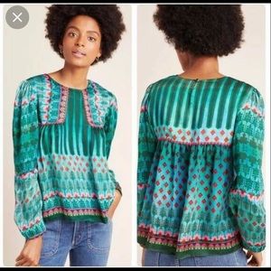 Anthropology Siddhartha Bansal Green Peasant Blouse Med Petite with tags